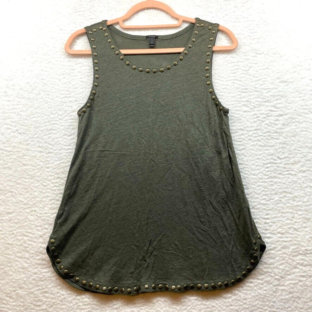 J Crew Tank Top Womens Small Green Linen Studded A9921 Stretch Lightweight